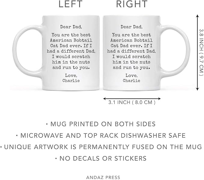 Andaz Press Personalized Funny Dad 11oz. Coffee Mug Gag Gift, Best American Bobtail Cat Dad, Scratch in Nuts and Run to You, 1-Pack, Custom Cat Lover's Christmas Birthday Ideas, Includes Gift Box