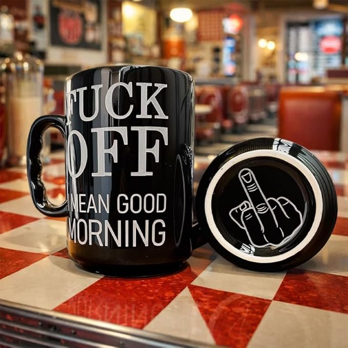 Fuck Off Middle Finger Mug, 17 Oz Ceramic Coffee Mug with Middle Finger Bottom, Offensive Humor Mug, Sarcastic Cup, Gag Gift for Coworker, Friend, Husband, Adult Humor Coffee Mug Black, Fuck Mug