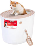 IRIS USA Large Top Entry Cat Litter Box with Lid Enclosed Covered Hooded Design Litter Catching Scatter Shield Pan Dog Proof Pet Proof Scoop Included Odor Control for Indoor Cats Kittens Beige/White