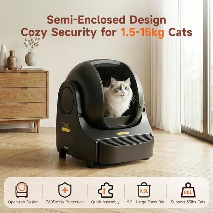 Open-Top Self-Cleaning Cat Litter Box,Automatic Cat Litter Box for Large & Multiple Cats Up to 33 lbs,App & Knob Control, Dual Sensors,Quiet Operation