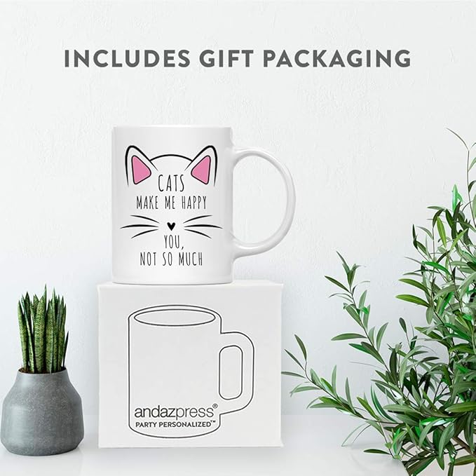 Andaz Press Funny Cat Lover 11oz. Ceramic Coffee Tea Mug, Cats Make Me Happy You, Not So Much, 1-Pack, for Cat Mom, Birthday Christmas Ideas, Includes Box