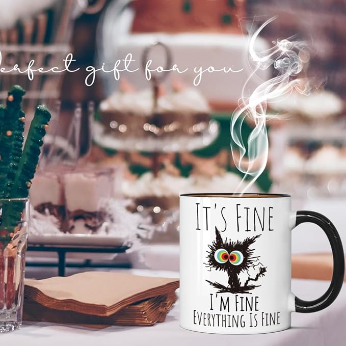 FALJIOK I'm Fine Everything is Fine Coffee Mug 11oz Funny Sarcastic Cat Mug Gifts for Cats Lover Novelty Coffee Mug Gifts for Cat Lover Women Mother's Day Gift for Cats Mom
