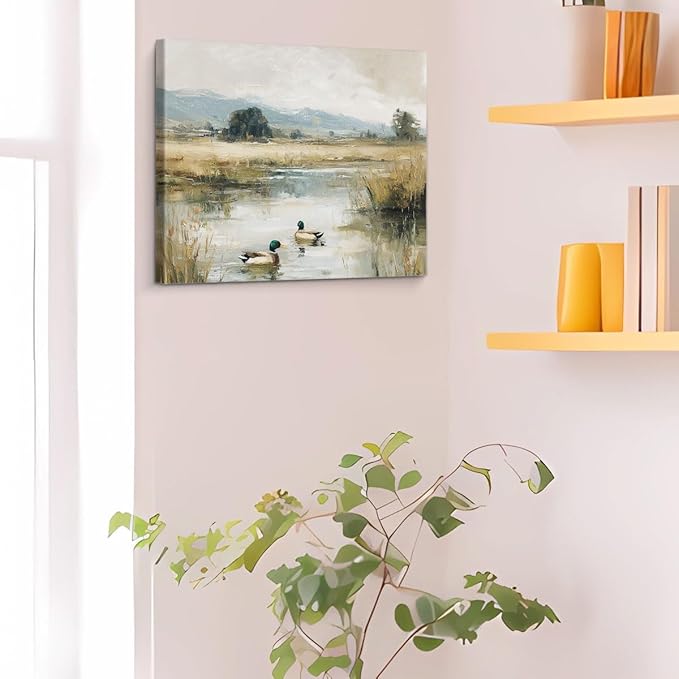 Rustic Mallard Duck Canvas Wall Art Vintage Pond Landscape Print Painting Cottagecore Wall Decor for Farmhouse Home Living Room 8x10 Inches Framed