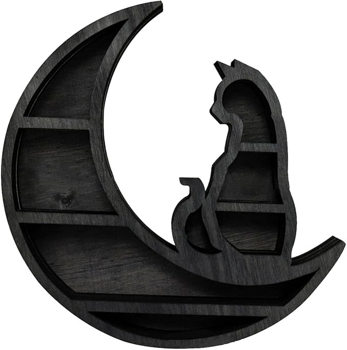EMVANV Wooden Crystal Shelf, Moon Cat Home Improvement Wall Mounted Jewelry Rack Wooden Crystal Shelf Kitchen(Black,Size:30x30x3cm)