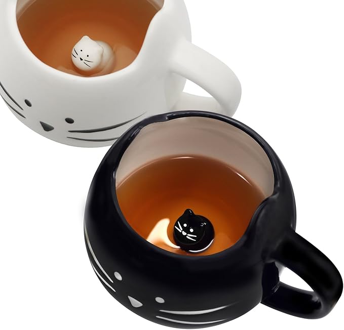 Koolkatkoo Cute Cat Coffee Mug Set for Girls Women Ceramic Kitty Tea Couple Mugs for Cat Lovers 12 oz Meow Cup Black and White