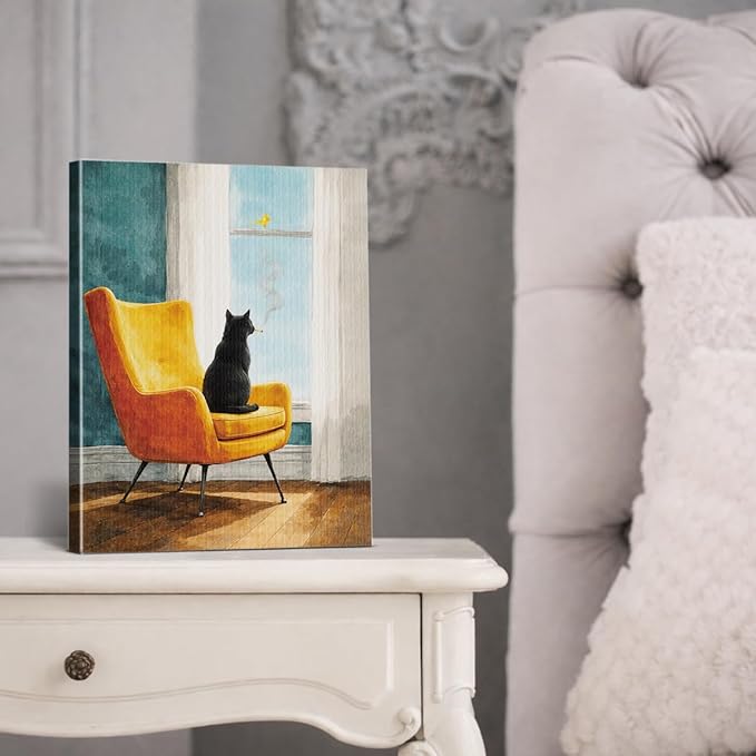 Vintage Black Cat Wall Art Decor Cute Kitten Looking at Window Print Picture Cat Lover Gifts Wall Decor for Home Living Room 8x10 Inch Canvas Framed