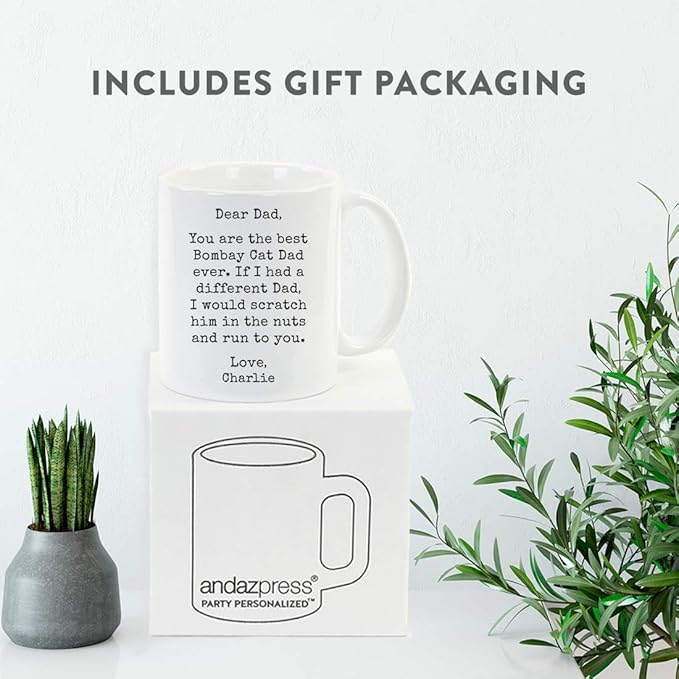 Andaz Press Personalized Funny Dad 11oz. Coffee Mug Gag Gift, Best Bombay Cat Dad, Scratch in Nuts and Run to You, 1-Pack, Custom Cat Lover's Christmas Birthday Ideas, Includes Gift Box