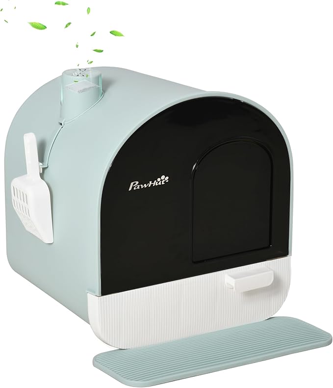 PawHut Cat Litter Box with Lid, Covered Litter Box for Indoor Cats with Tray, Scoop, Mat, Filter, 17" x 17" x 18.5", Green