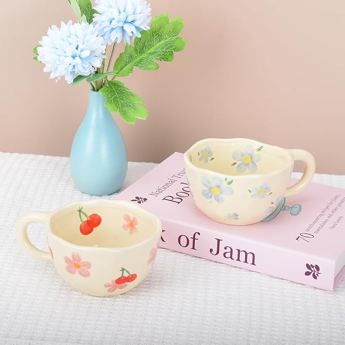 Cute Coffee Mug,Ceramic Tea cup,Kawaii coffee mugs,Handmade Creative Flower Pink mug with Spoon,Aesthetic mugs for milk Cappuccino Cocoa,8.5 oz Cheery Mug Gift for Women Christmas (P+B)