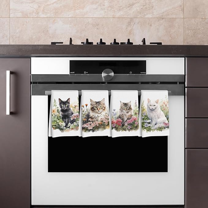 4 Pcs Watercolor Cat Kitchen Towels, Pastoral Flower Decorative Absorbent Microfiber Dish Cloth Tea Towel, Waffle Soft Hand Towels for Farmhouse Home Bathroom Kitchen Decor, Cat Lover Gifts for Women