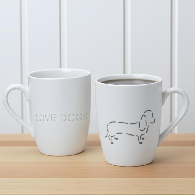 Lily's Home Ceramic Coffee Mug with Hollowed Dog Pattern-13.5 oz, Set of 2-White Porcelain-Microwave & Dishwasher Safe-Dog Lover Coffee Mug for Coffee, Tea, Cappuccino-Housewarming Gift