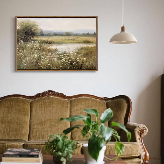 Vintage Landscape Wall Art Spring Wildflower Field Pictures Wall Decor Rustic River Pond Painting Prints Nature Wilderness Scenery Poster Framed for Bedroom Bathroom Home Kitchen Decoration 16x24 Inch