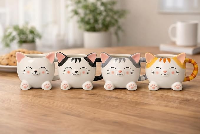 Cute Cat Coffee Mug – 16oz Ceramic Animal Mug, Handmade Gift for Cat Lovers, Cute Kawaii Coffee & Tea Cup – White Tabby