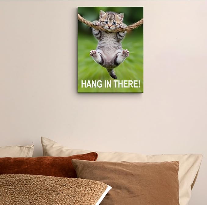 Hang in There Cat Canvas Wall Art, 11.4x15in Funny Motivational Cat Framed Art Paintings Wall Decor Unique Inspirational Gifts Animal Lover Prints Picture for Living Room Bathroom Farmhouse Decor