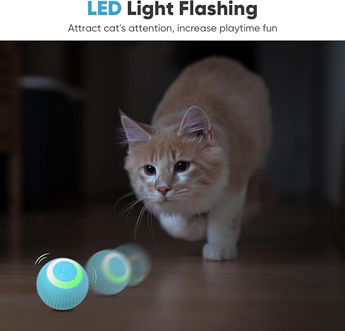 Petbobi Interactive Cat Toy Ball - USB Rechargeable Cat Toy with LED Light, Automatic Self Moving Ball, Active Rolling Toys, 360°Rotating Smart Sphere, 2 Modes, Fun Gift for Indoor Kitten, Blue