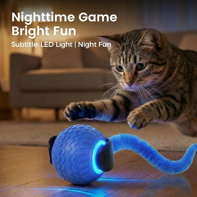 Interactive Cat Toy Ball for Indoor Cats, 2026 Automatic Moving Cat Toy with Feather Tails, 3-Mode Activated Self Rolling Smart Ball, Rechargeable Toy for Small Medium Large Cats (Blue)