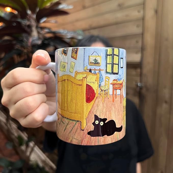 Famous Art Paintings Funny Cat Coffee Mug for Artist Art Lover Teacher Cat Lovers, Famous Picture Classic Vincent Aesthetic Canvas Mug Birthday Gift for Women Man (Bedroom in Arles)
