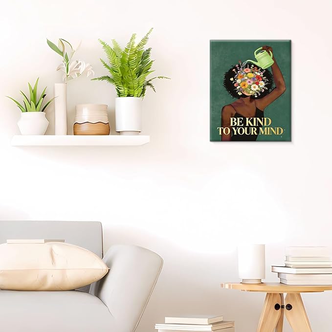 Vintage Floral Woman Canvas Wall Art Positive Be Kind to Your Mind Print Painting Inspirational Wall Decor for Home Living Room Bedroom 8x10 Inches Framed