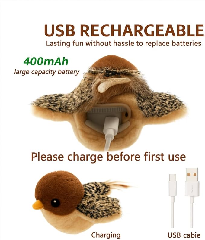 Flying Bird Cat Toy (Not a Flying Bird) – Interactive Flappy Bird Toy for Indoor Cats, USB Rechargeable with Real Feathers, Chirping Sounds & Remote Control
