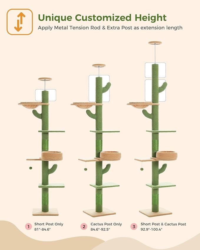 PEQULTI Floor to Ceiling Cat Tree Adjustable Height (87"-100"), 5 Levels Cactus Cat Tower with Perch&Replaceable Hammock, 4.1" Super Robust Cat Scratcher, Green