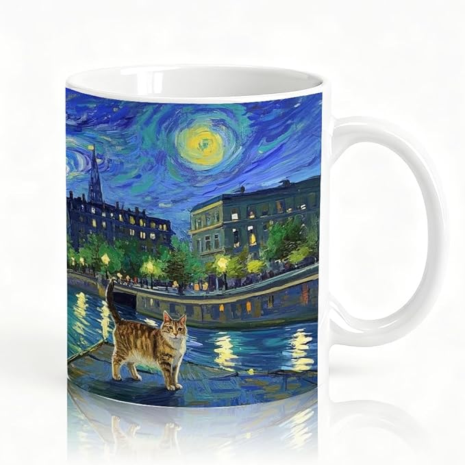 Famous Oil Painting Starry Night Cat Art Theme Double-Sided Ceramic Mug, Famous Art Parody Funny Cats Mug for Pet Lover, Kitty Lover Gifts for Men Women, Christmas Birthday Gifts for Cat Mom
