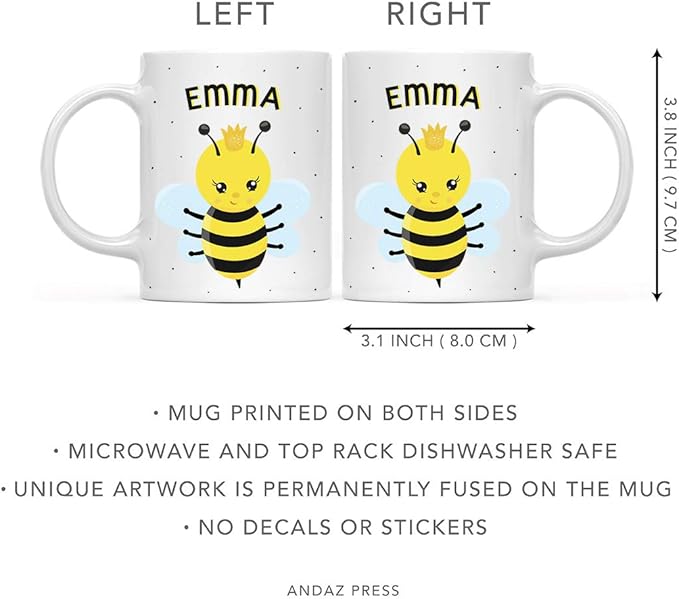 Andaz Press Personalized 11oz. Kids Milk Hot Chocolate Mug, Busy Princess Bee, 1-Pack, Custom Child’s Birthday Christmas Coffee Cup