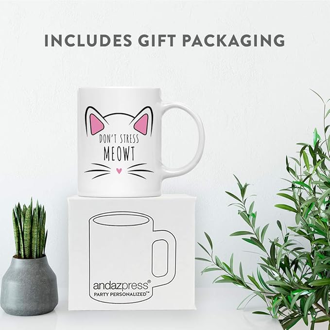 Andaz Press Funny Cat Lover 11oz. Ceramic Coffee Tea Mug Gift, Don't Stress Meowt, 1-Pack, for Cat Mom, Birthday Christmas Ideas, Includes Box