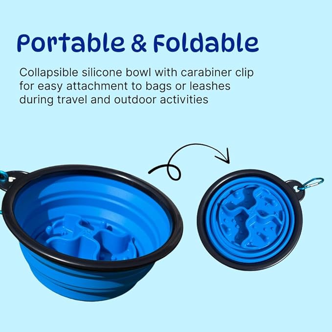 Collapsible Cat Bowl, Maze Design Pet Puzzle Feeder, 650ml Dog Slow Feeding Bowls, Dog Slow Feeding Bowl with Carabiner Portable BPA-Free Silicone Pet Bowls for Hiking,Travel,Camping - Colour Blue