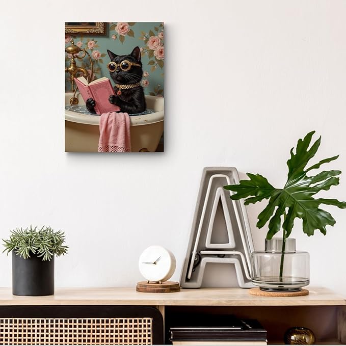 Funny Cat Bathroom Canvas Wall Art, 11.4x15in Cat Framed Art Paintings Wall Decor Unique Gifts Animal Lover Prints Picture for Living Room Bathroom Farmhouse Decor