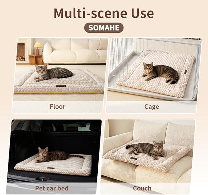 SOMAHE Plush Cat Kneading Bed Mat, Premium Plush Fabric Bed with Non-Slip Bottom, 3cm Thick All-Season Cushion for Cats Who Knead, Machine Washable Anti-Static Pet Bed, 27x20 Inch, Milk