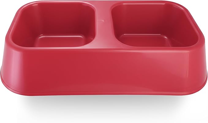 Lightweight BPA-Free Pet Feeder Bowl - Double Dish (16oz Each Side) for Dog & Cat Food & Water | Durable Plastic, Easy Clean, Made in USA (Red, Large)
