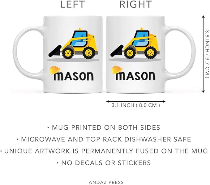 Andaz Press Personalized 11oz. Kids Hot Chocolate Mug, Yellow Construction Truck Bulldozer, 1-Pack, Custom Child’s Birthday Christmas Coffee Cup