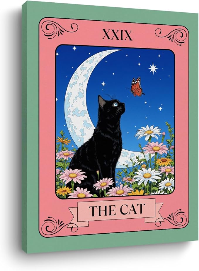 The Cat Tarot Card Wall Art, Gifts for Cat Lovers, Botanical Flower Framed Canvas Prints Aesthetic Decor, Vintage Moon Posters Artwork for Walls Living Room Entryway Bedroom Decor 15x11.4 inch