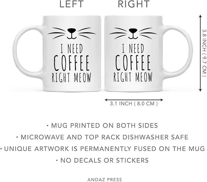Andaz Press Funny Cat Lover 11oz. Ceramic Coffee Tea Mug, I Need Coffee Right Meow, 1-Pack, for Cat Mom, Birthday Christmas Ideas, Includes Box