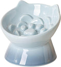 Macarons Series Ceramic Slow Feeder Cat Bowl, Raised Puzzle Feeder, Anti Vomiting Cat Slow Feeding, Elevated Food Bowl, Whisker Friendly Pet Bowl with Cute Ear Design (Gradient Blue)