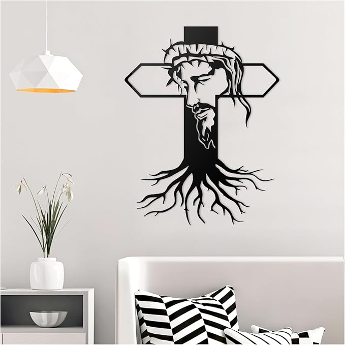 MDFUGEG Metal Cross Jesus Wall Decor-14.5x11.4in Black Religious Wall Art for Christian Catholic | Home Church Living Room Bedroom Decor, Baptism Mother's Day Religious Gifts