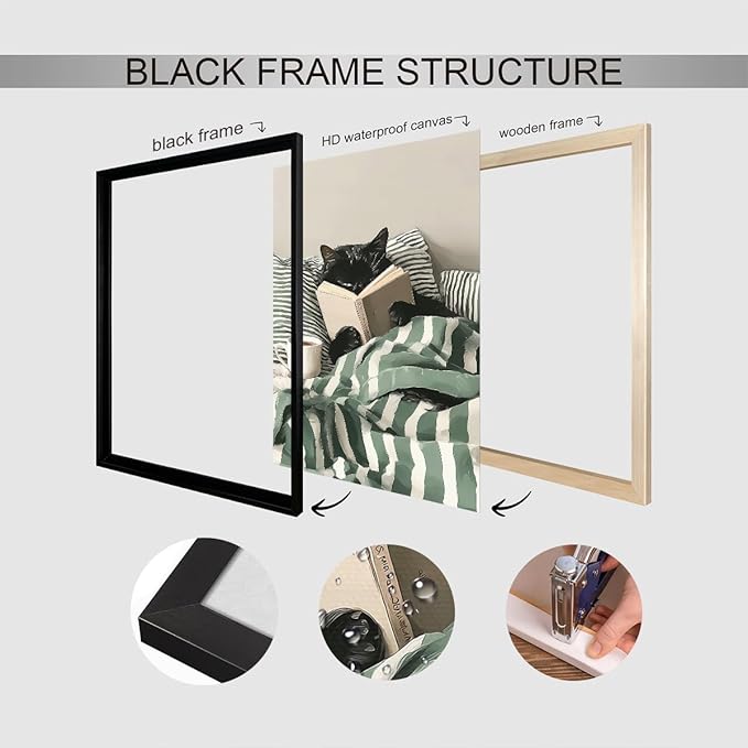 Funny Black Cat Canvas Wall Art, Cute Cat Reading Book In Bed with Coffee Aesthetic Poster, Cozy Striped Green Bedroom Animal Wall Decor, Bookish Art Print for Book Pet Lover 8x10in Framed