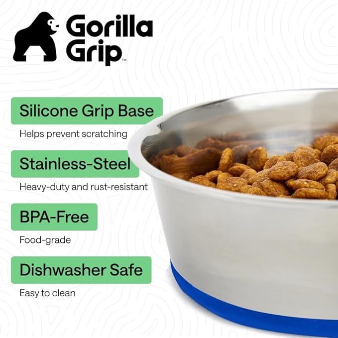 GORILLA GRIP Dog Bowls, Food Grade 304 Stainless Steel, Holds 8 Cups Each (64 fl oz) Food and Water Bowl for Feeding Dogs and Cats, Dishwasher Safe, Rust Resistant, BPA Free Rubber Base Set of 2 Blue