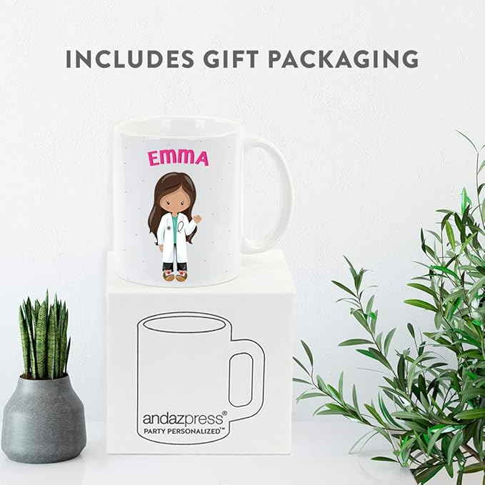 Andaz Press Personalized 11oz. Kids Milk Hot Chocolate Mug, Brown Haired Girl Doctor, 1-Pack, Custom Child’s Birthday Christmas Coffee Cup