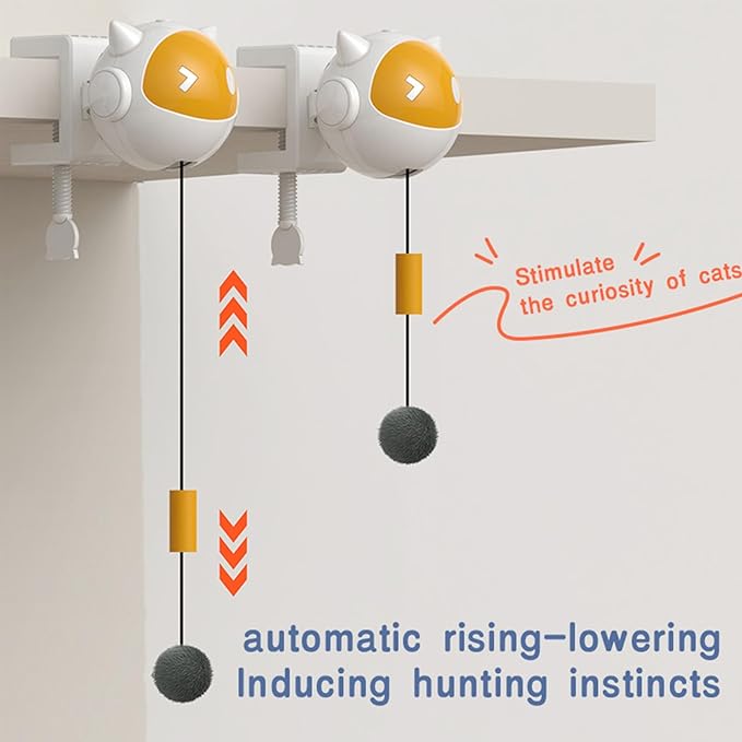 YounBeauty Automatic Cat Toys Ball Lifting Retracting Cat Toy with Feathers, ABS Plastic Nylon Rope, 20”Stretch, No Drill Installation for Indoor Use