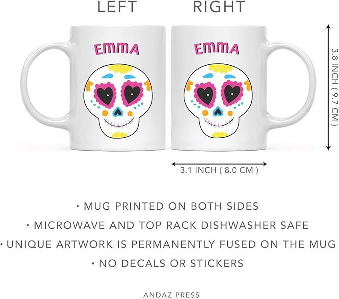 Andaz Press Personalized 11oz. Kids Hot Chocolate Mug, Mexican Day of the Dead Dia de Los Muertos Pink Skull, 1-Pack, Custom Child’s Birthday Christmas Coffee Cup