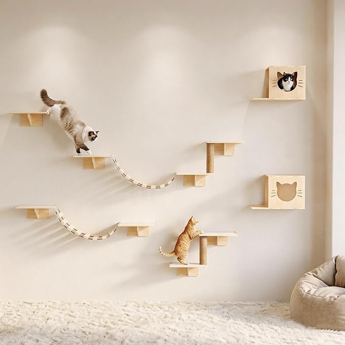 COZIWOW Cat Wall Shelves, 8-In-1 Cat Wall Furniture Set, Wood Large Cat Shelves for Wall with Scratching Post, Indoor Cat Climbing Wall Activity Center for Climb, Play, Rest, and Scratch, Natural Wood