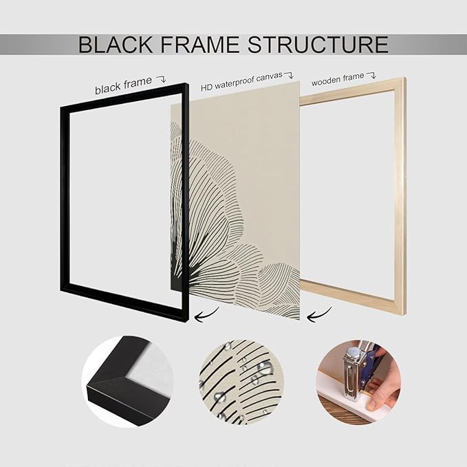 Abstract Black and Beige Flowers Canvas Wall Art, Neutral Floral Lines Poster, Modern Minimalist Floral Wall Decor, Boho Botanical Sketch Art Print for Living Room Bedroom 12x16in Framed