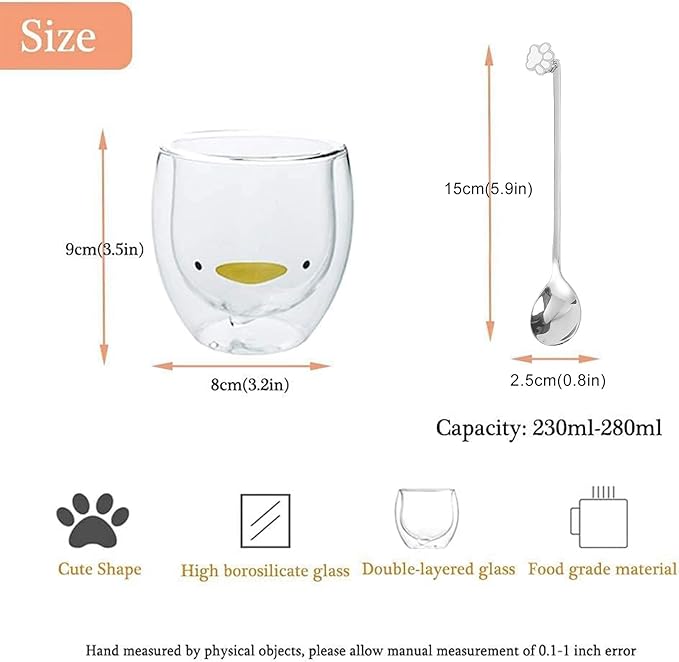 Binoster Duck Mug Cute Mugs Glass Double Wall Insulated Glass Espresso Cup, Coffee Cup, Tea Cup, Milk Cup,Kawaii Gift for Office and Personal Birthday Christmas (Duck)