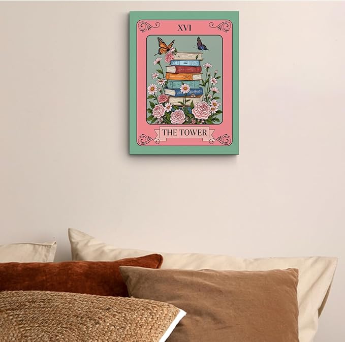 Stack of Books Wall Art, Book Lovers Gifts, Vintage Prints Flower Canvas Framed Painting for Room Decor, Butterflies Prints for Living Room Entryway Bedroom Book Shelf Office 15x11.4 inch