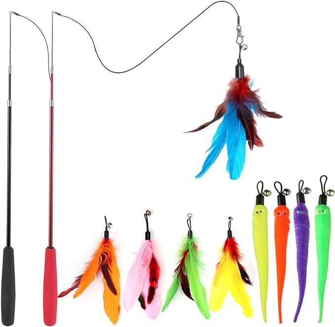 Cat Toys for Indoor Cats, Interactive Cat Toy 2PCS Retractable Wand Toy and 9PCS Cat Feather Toys Refills, Funny Kitten Toys Cat Fishing Pole Toy for Bored Indoor Cats Chase and Exercise