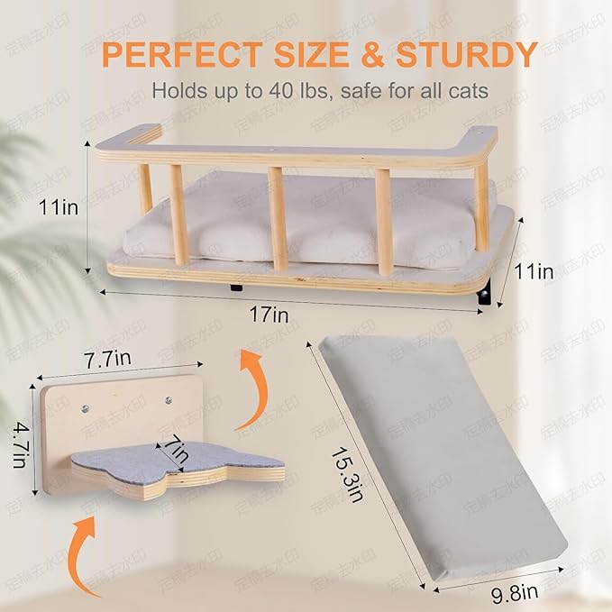 Large Cat Wall Shelves with 5 Steps - Heavy Duty Cat Wall Furniture, Climber, Shelves & Perches with Comfy Cushion & Guardrails, Space-Saving for Indoor Cats(Dark)