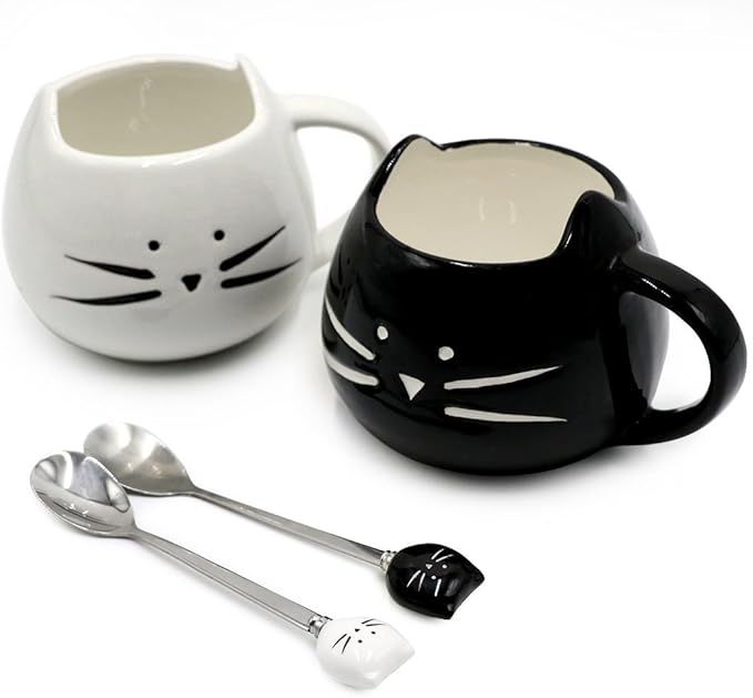 Koolkatkoo Cute Cat Mug Ceramic Coffee Mugs Set Gifts for Women Girls Cat Lovers Funny Small Cup with Spoon 12 oz Black and White