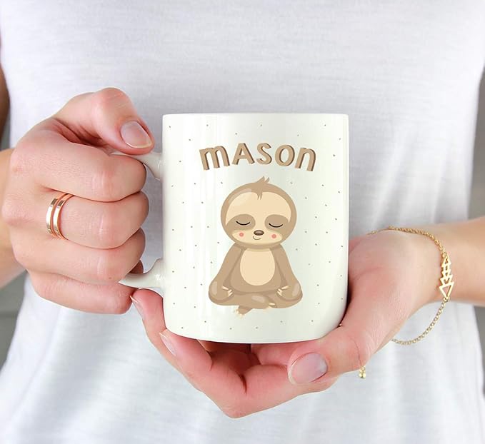 Andaz Press Personalized 11oz. Kids Hot Chocolate Mug, Baby Sloth Yoga Meditation, 1-Pack, Custom Child’s Birthday Christmas Coffee Cup
