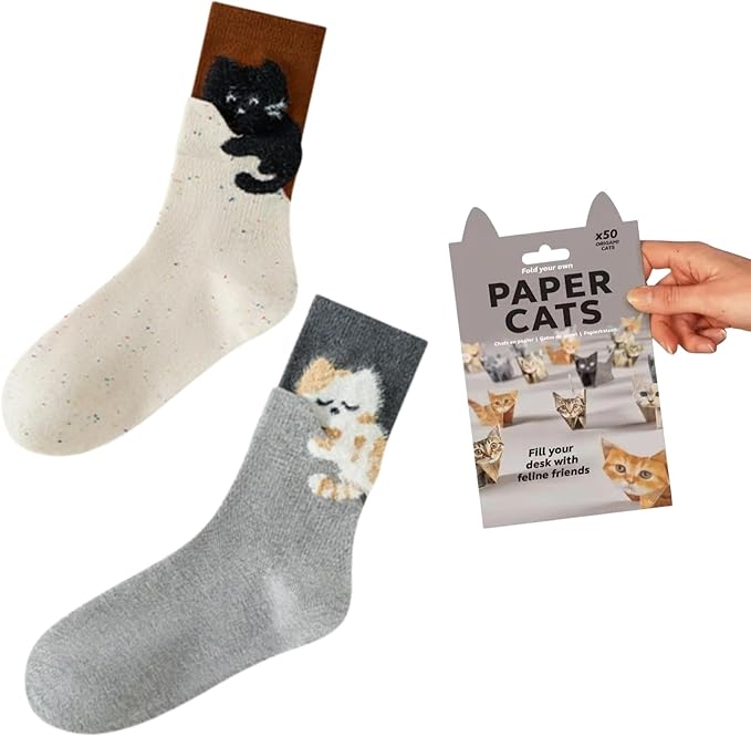 Cat Origami Kit with Socks - 50 Sheets 3D Paper Cat Craft Set, 2 Pairs Novelty Socks, Gift for Cat Lovers